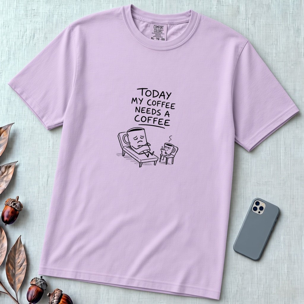 Coffee Therapy T-Shirt "Today My Coffee Needs a Coffee" - Orchid unfolded t-shirt mockup