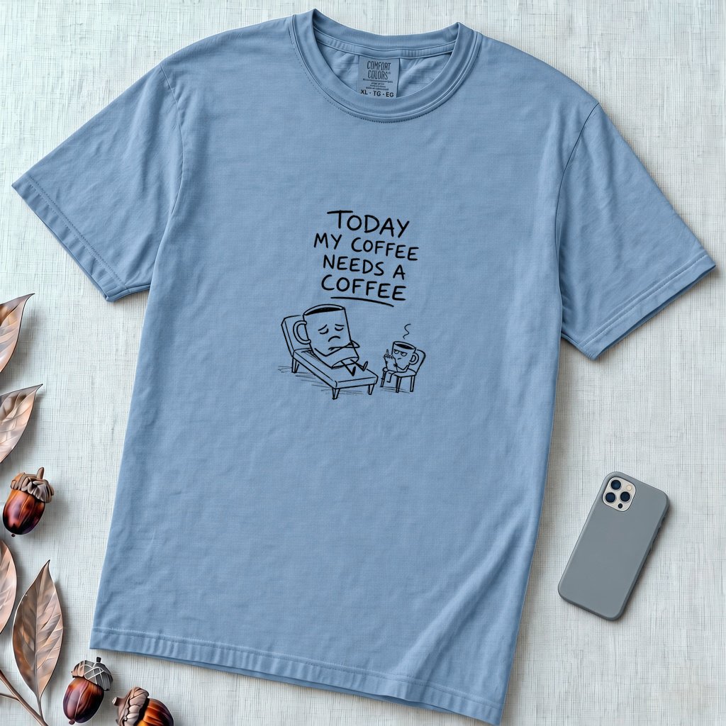Coffee Therapy T-Shirt "Today My Coffee Needs a Coffee" - Washed Denim unfolded t-shirt mockup