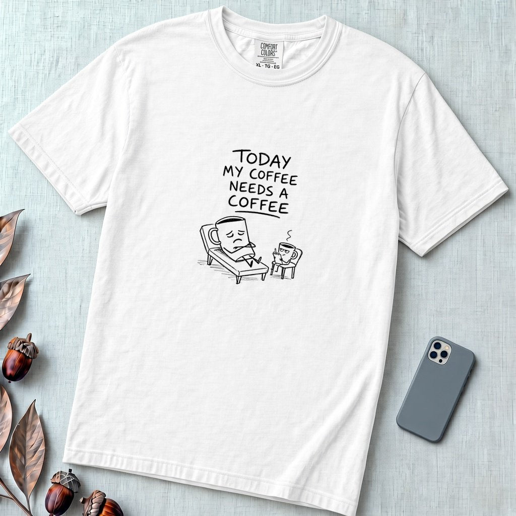 Coffee Therapy T-Shirt "Today My Coffee Needs a Coffee" - White unfolded t-shirt mockup
