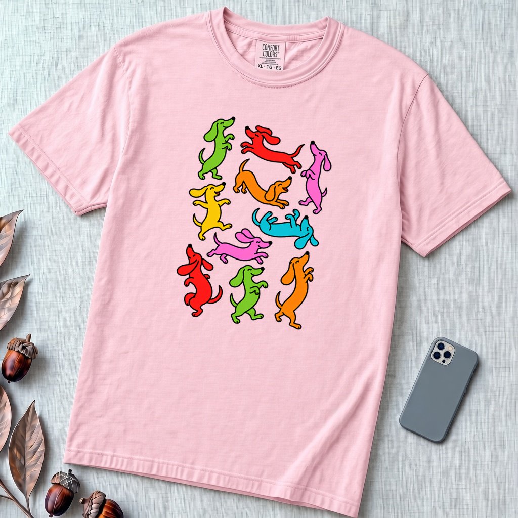 Colorful Dachshund Dance T-Shirt - Blossom unfolded t-shirt mockup