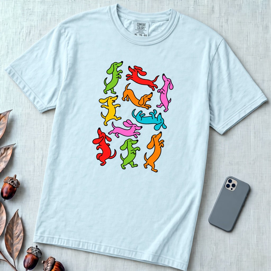 Colorful Dachshund Dance T-Shirt - Chambray unfolded t-shirt mockup