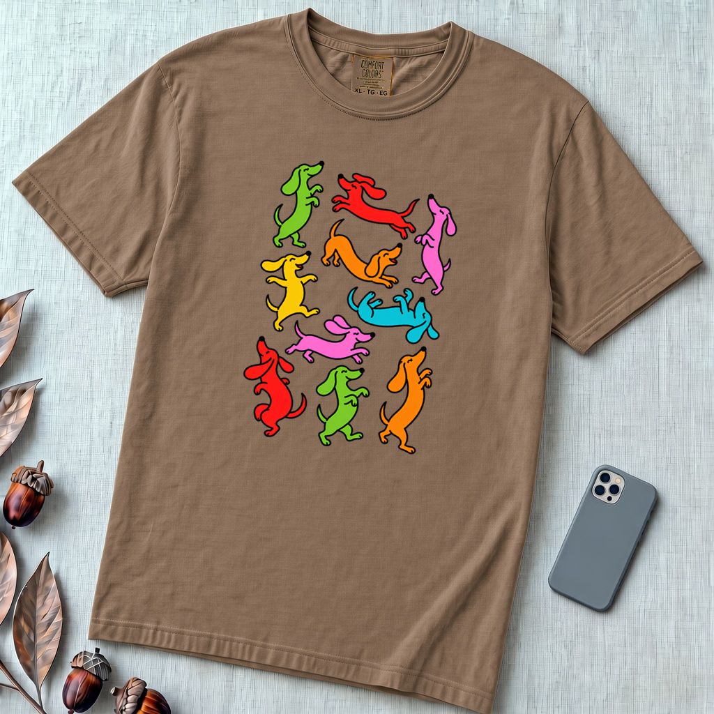Colorful Dachshund Dance T-Shirt - Espresso unfolded t-shirt mockup