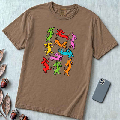 Colorful Dachshund Dance T-Shirt - Espresso unfolded t-shirt mockup