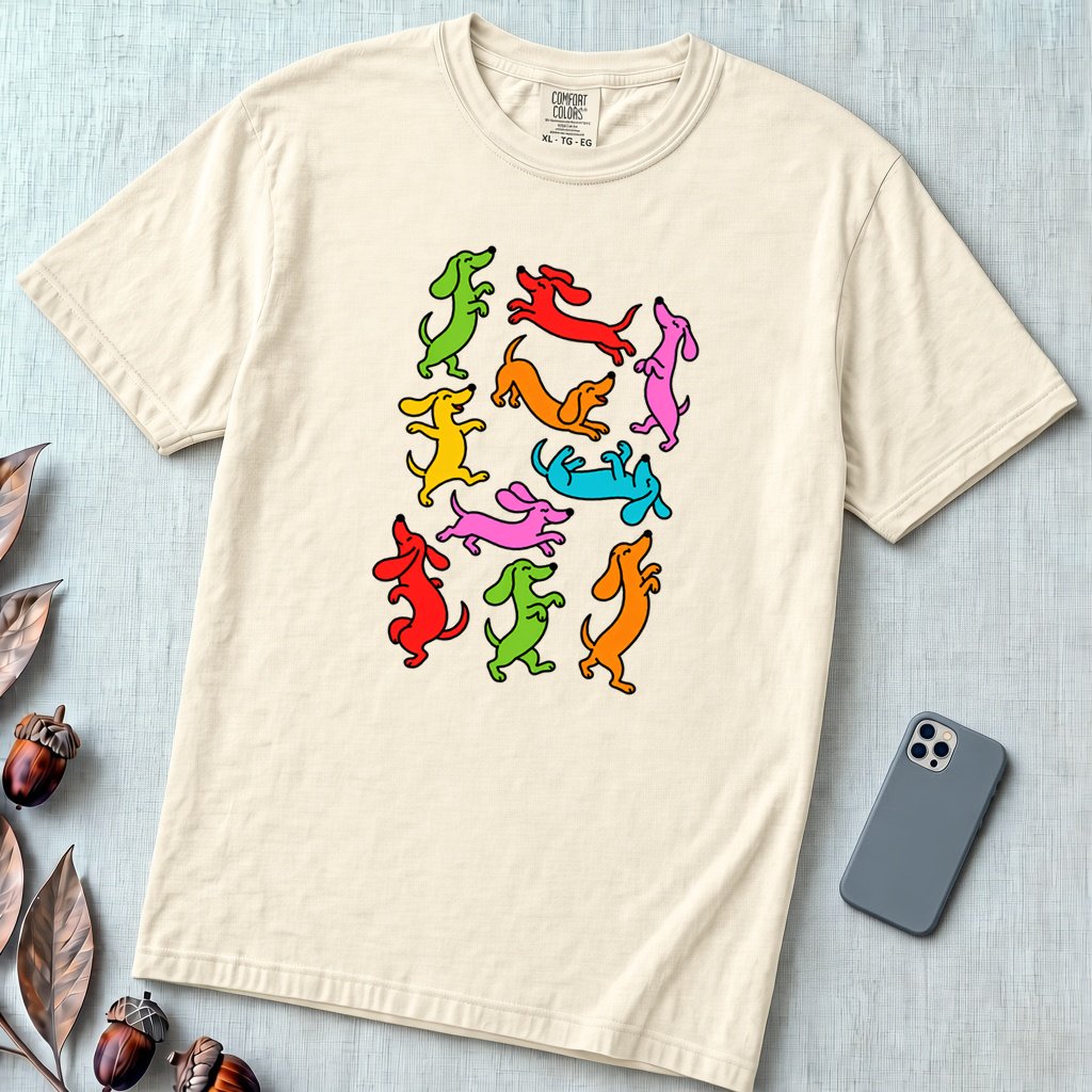 Colorful Dachshund Dance T-Shirt - Ivory unfolded t-shirt mockup