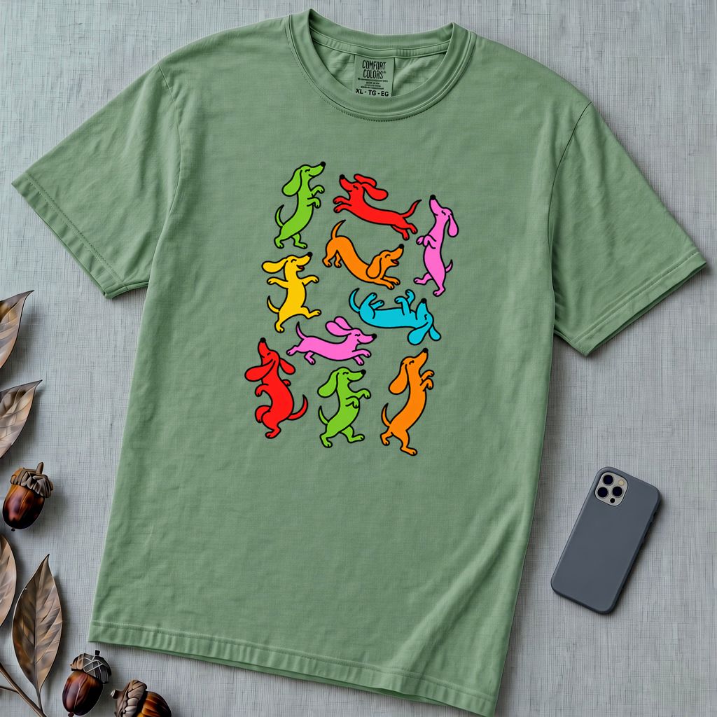 Colorful Dachshund Dance T-Shirt - Light Green unfolded t-shirt mockup