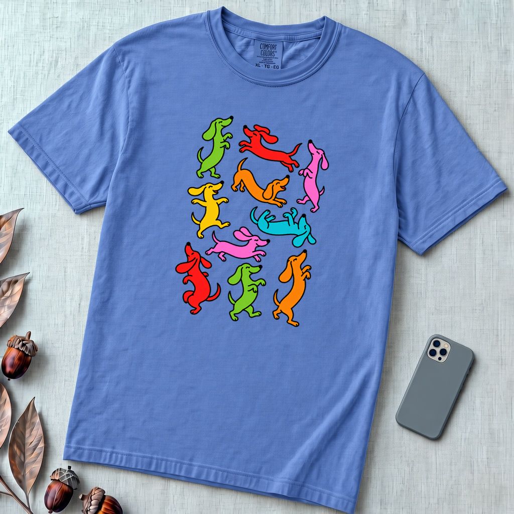 Colorful Dachshund Dance T-Shirt - Mystic Blue unfolded t-shirt mockup