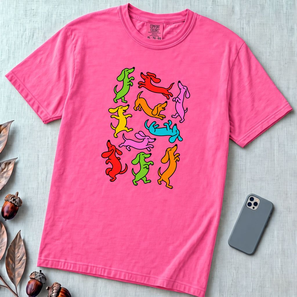 Colorful Dachshund Dance T-Shirt - Neon Pink unfolded t-shirt mockup