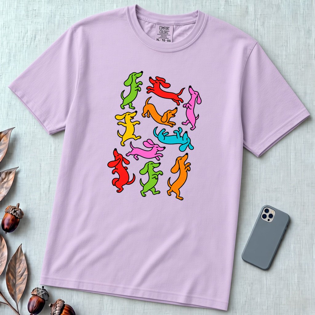 Colorful Dachshund Dance T-Shirt - Orchid unfolded t-shirt mockup