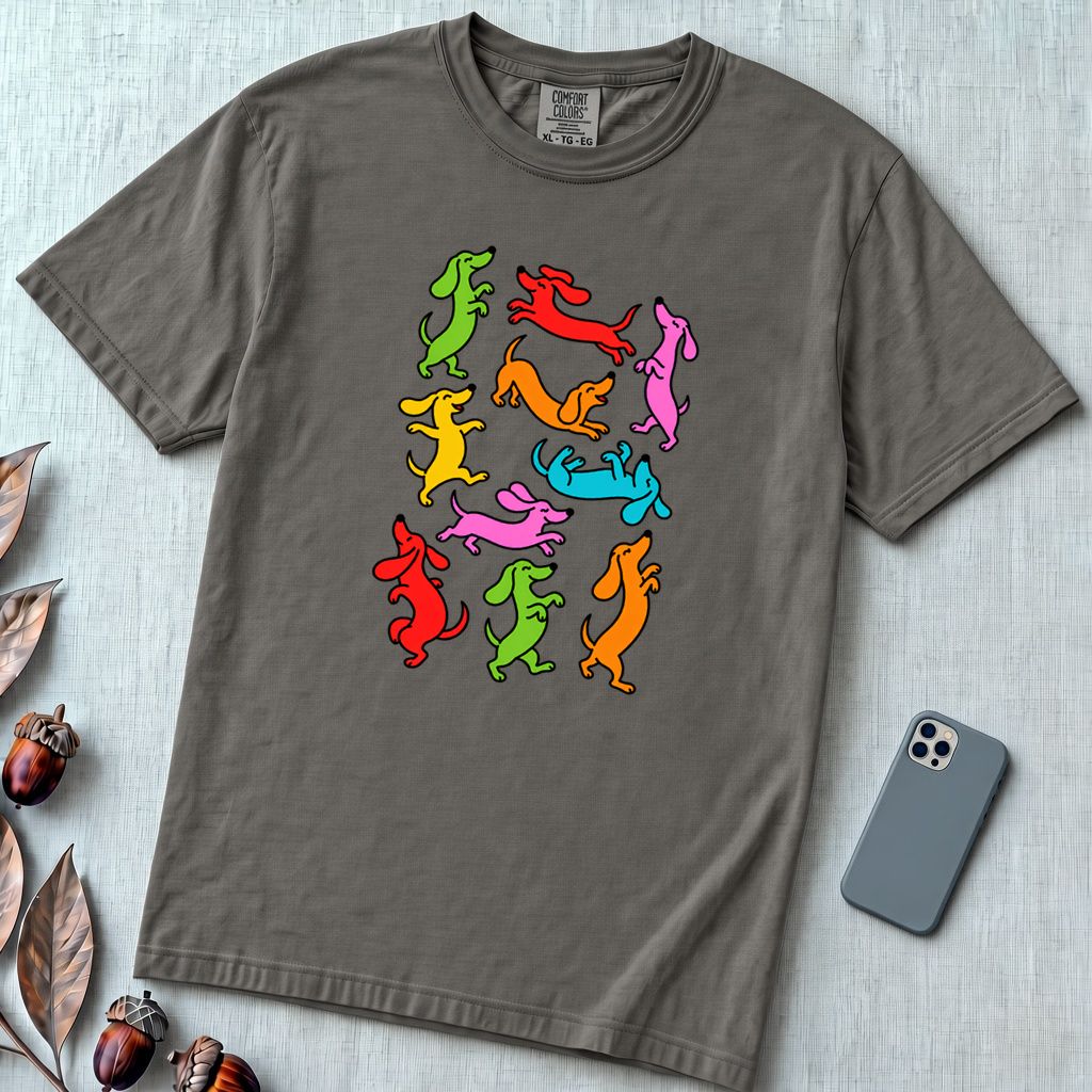 Colorful Dachshund Dance T-Shirt - Pepper unfolded t-shirt mockup