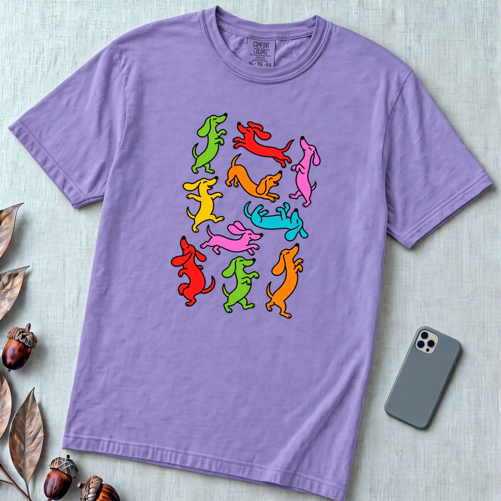 Colorful Dachshund Dance T-Shirt - Violet unfolded t-shirt mockup