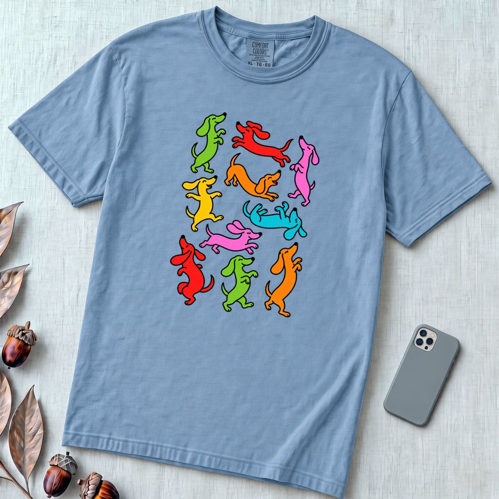 Colorful Dachshund Dance T-Shirt - Washed Denim unfolded t-shirt mockup