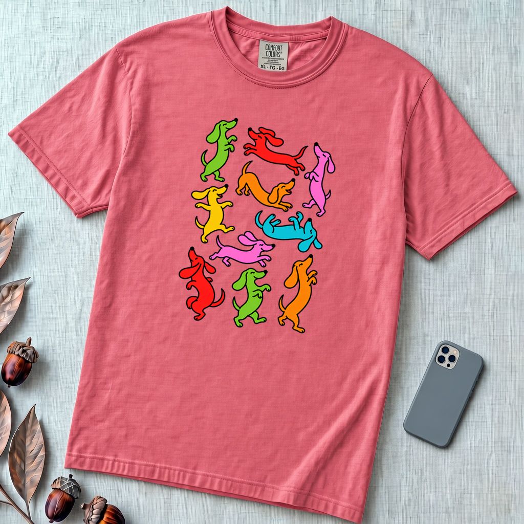 Colorful Dachshund Dance T-Shirt - Watermelon unfolded t-shirt mockup