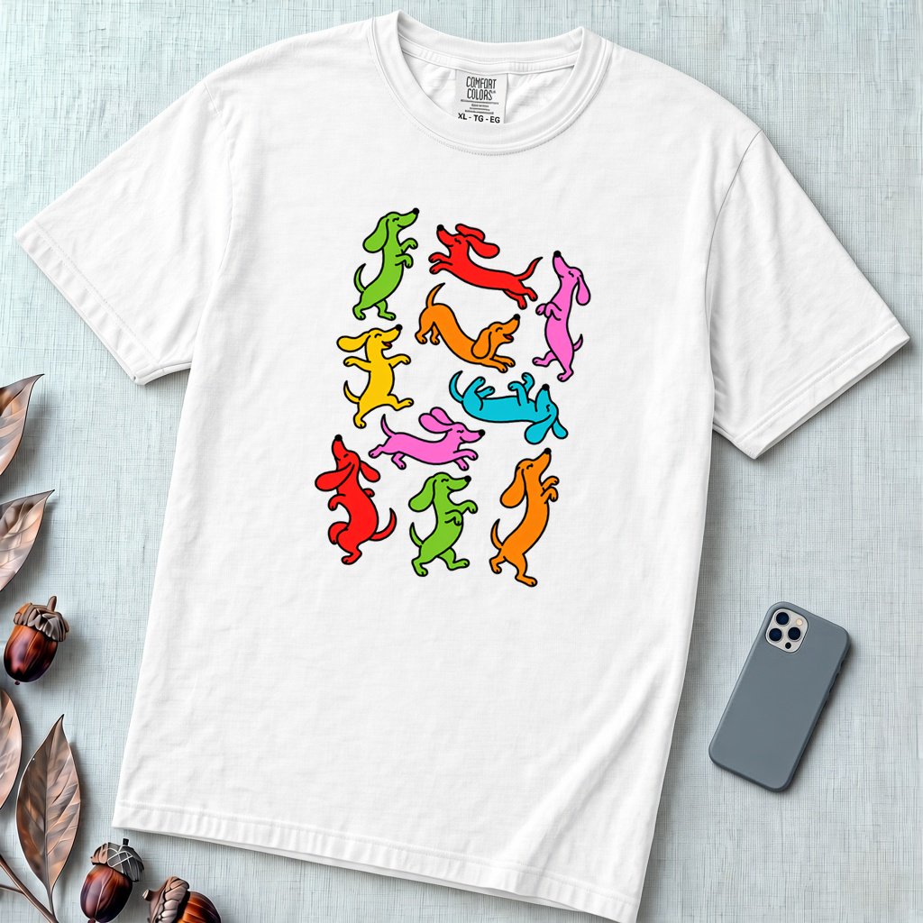Colorful Dachshund Dance T-Shirt - White unfolded t-shirt mockup