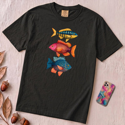Colorful Tropical Fish Graphic T-Shirt for Ocean Lovers - Black unfolded t-shirt mockup
