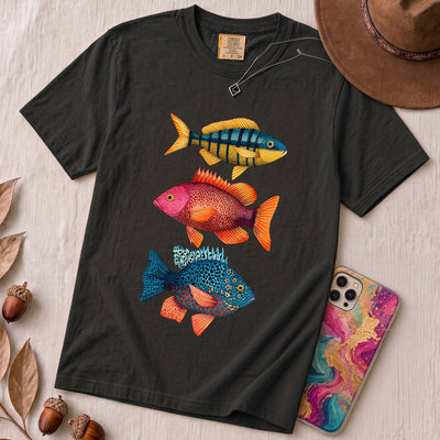 Colorful Tropical Fish Graphic T-Shirt for Ocean Lovers - Black unfolded t-shirt mockup