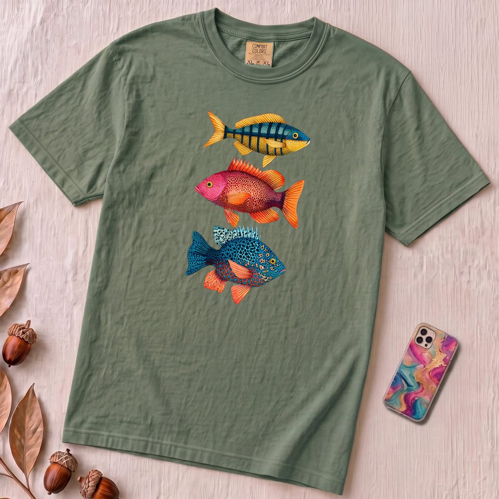Colorful Tropical Fish Graphic T-Shirt for Ocean Lovers - Blue Spruce unfolded t-shirt mockup