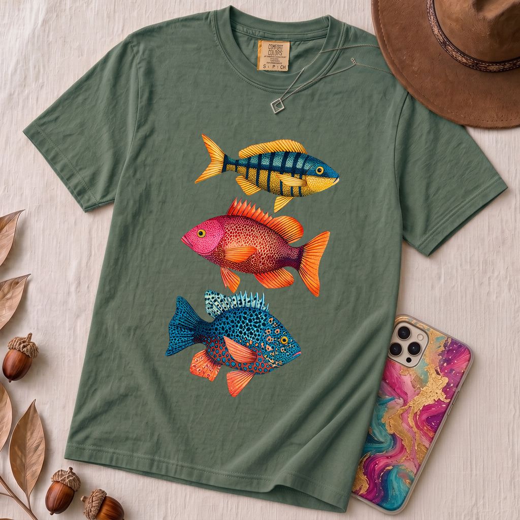 Colorful Tropical Fish Graphic T-Shirt for Ocean Lovers - Blue Spruce unfolded t-shirt mockup