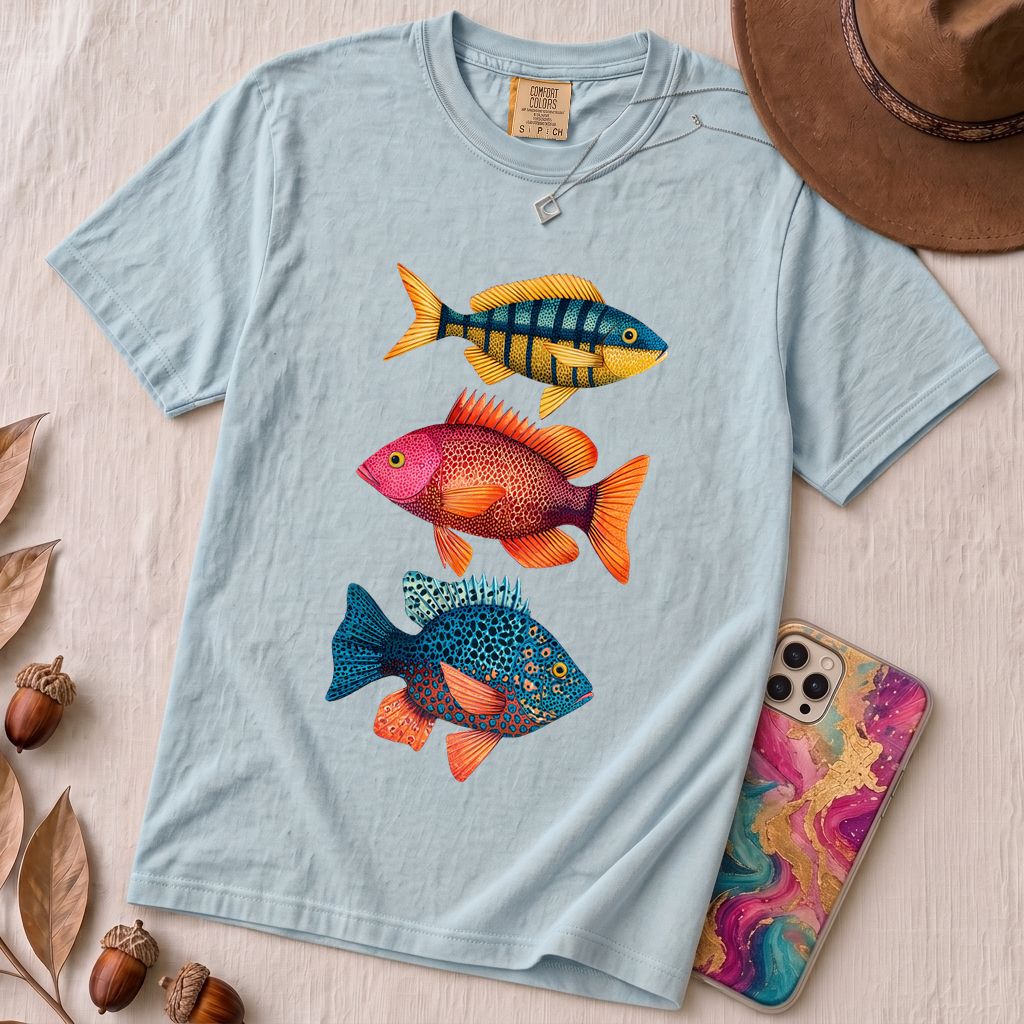 Colorful Tropical Fish Graphic T-Shirt for Ocean Lovers - Chambray unfolded t-shirt mockup