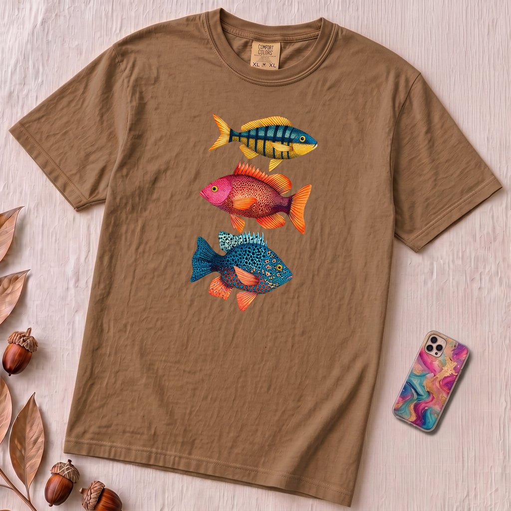 Colorful Tropical Fish Graphic T-Shirt for Ocean Lovers - Espresso unfolded t-shirt mockup