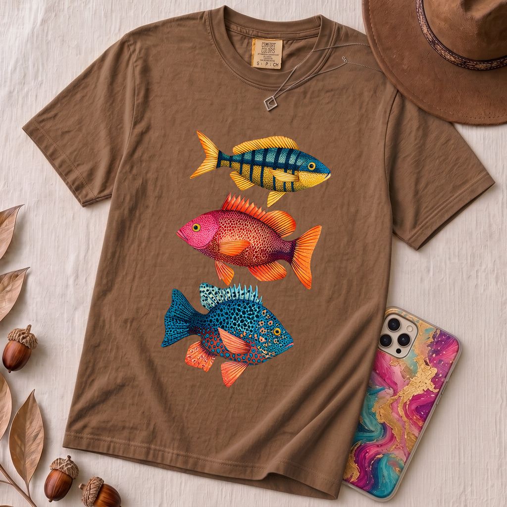 Colorful Tropical Fish Graphic T-Shirt for Ocean Lovers - Espresso unfolded t-shirt mockup