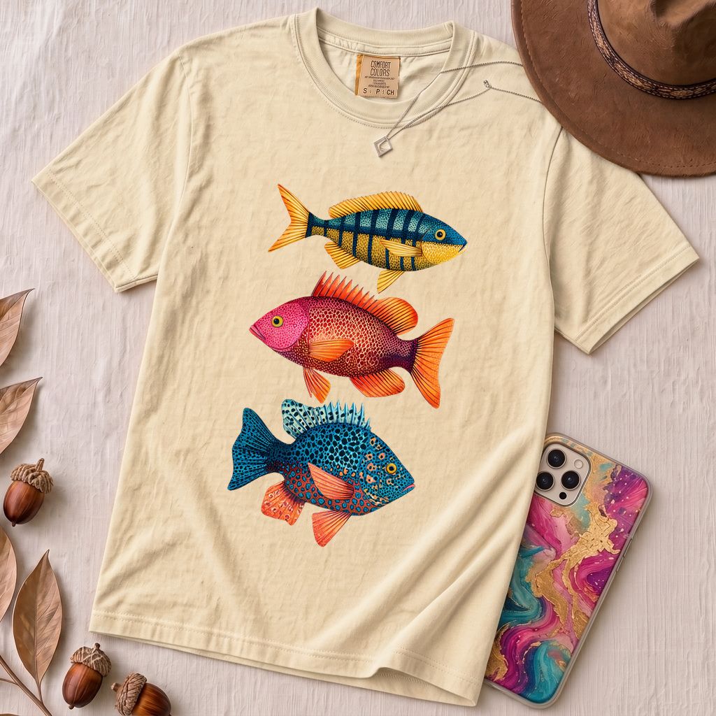 Colorful Tropical Fish Graphic T-Shirt for Ocean Lovers - Ivory unfolded t-shirt mockup