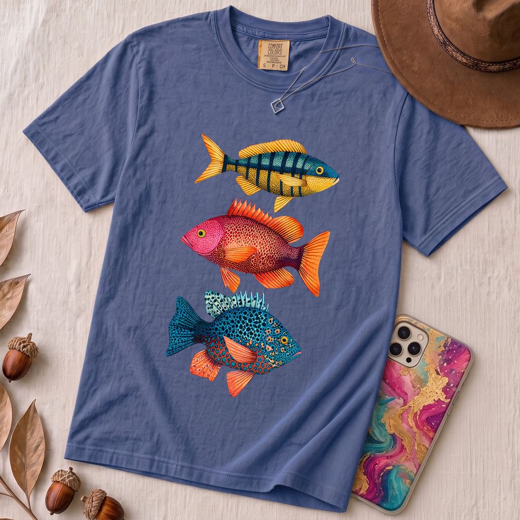 Colorful Tropical Fish Graphic T-Shirt for Ocean Lovers - Mystic Blue unfolded t-shirt mockup