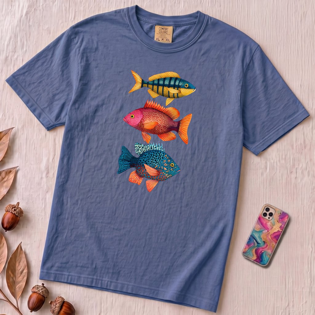 Colorful Tropical Fish Graphic T-Shirt for Ocean Lovers - Mystic Blue unfolded t-shirt mockup