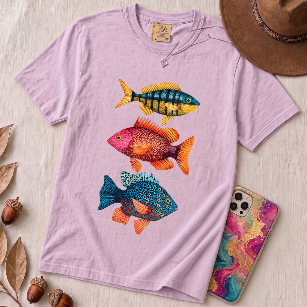 Colorful Tropical Fish Graphic T-Shirt for Ocean Lovers - Orchid unfolded t-shirt mockup