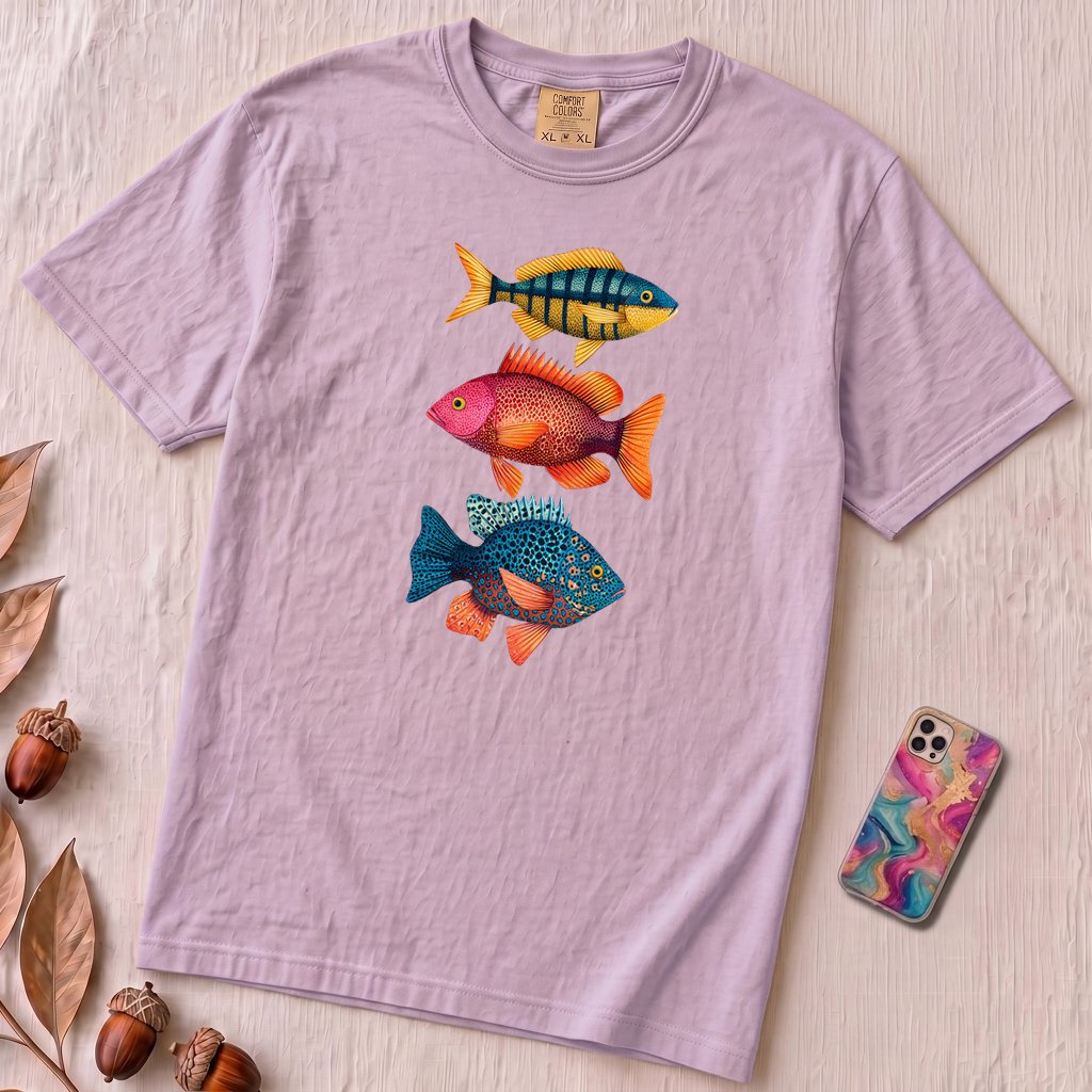 Colorful Tropical Fish Graphic T-Shirt for Ocean Lovers - Orchid unfolded t-shirt mockup