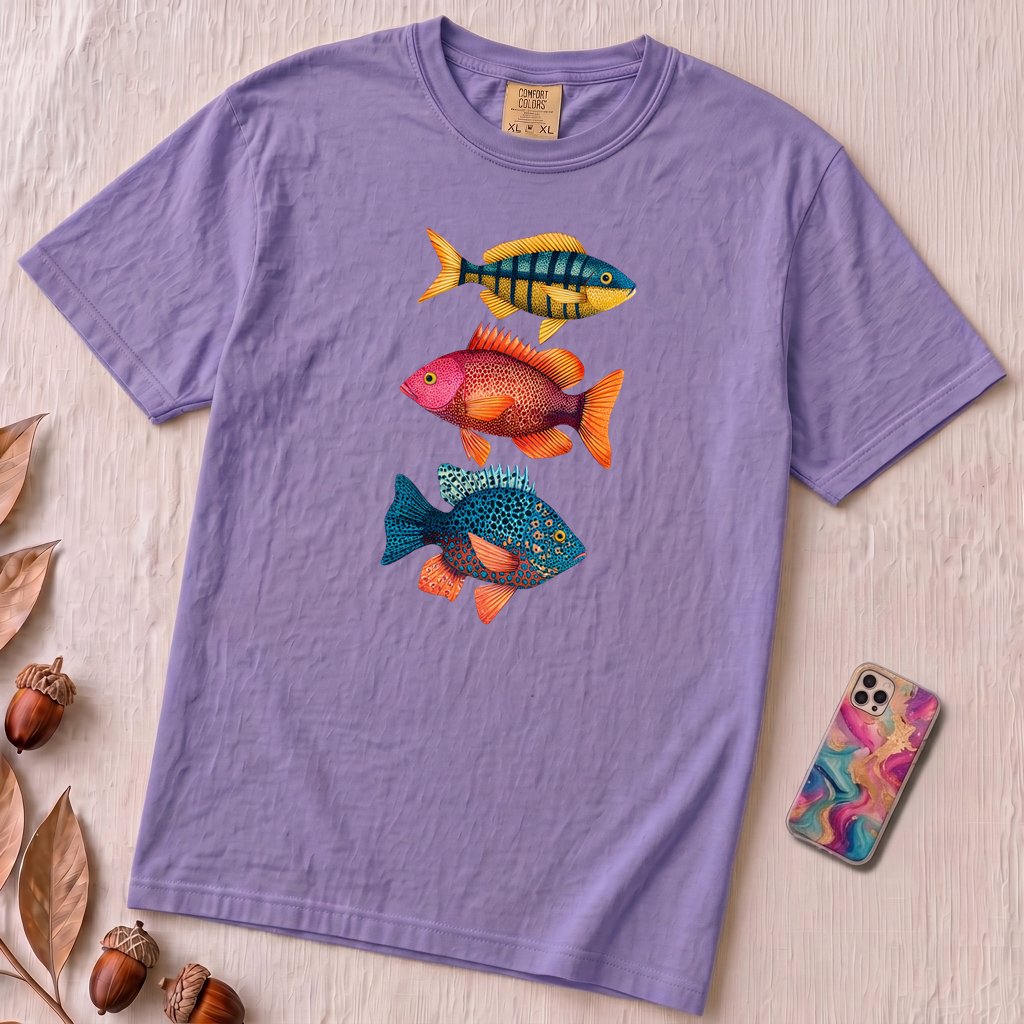 Colorful Tropical Fish Graphic T-Shirt for Ocean Lovers - Violet unfolded t-shirt mockup