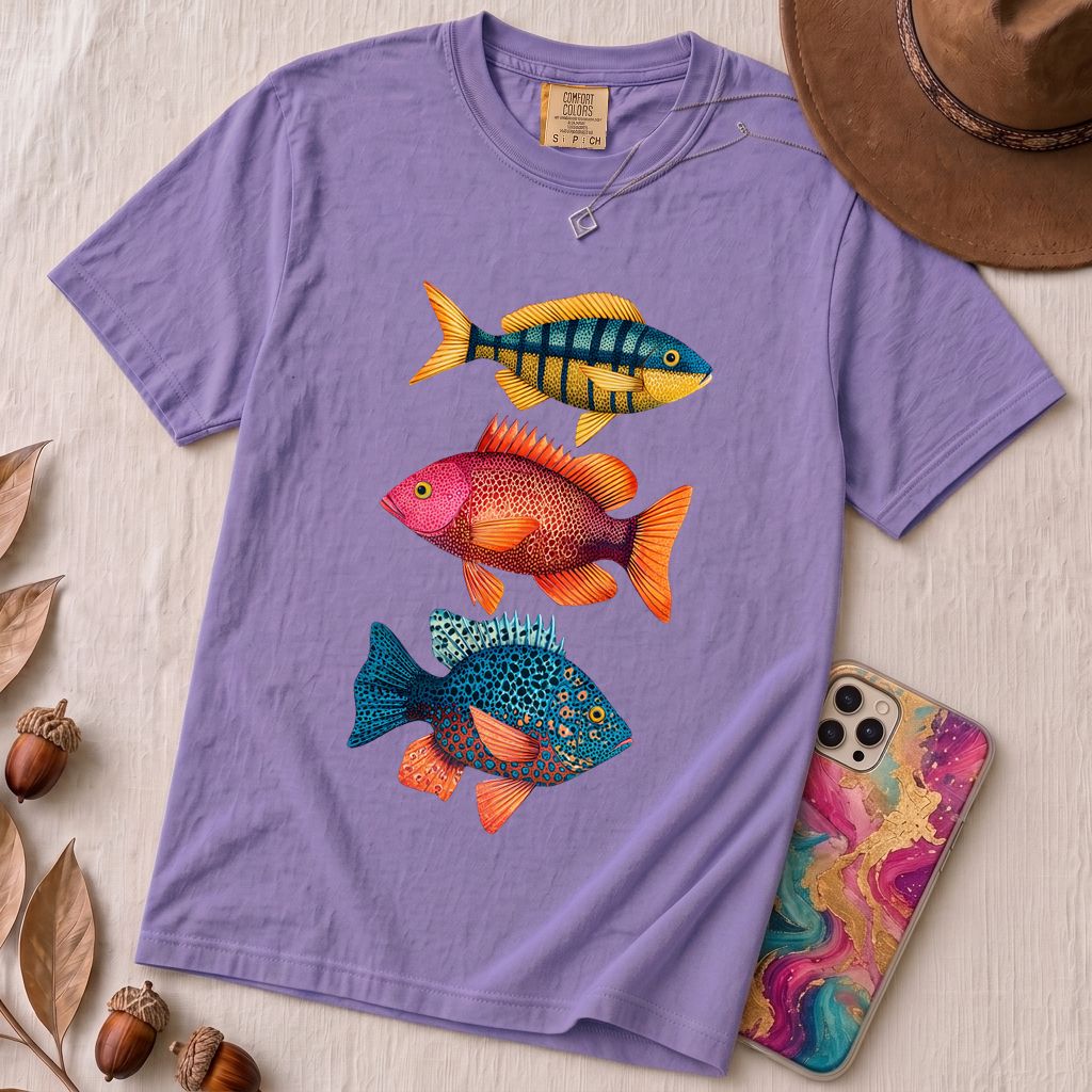 Colorful Tropical Fish Graphic T-Shirt for Ocean Lovers - Violet unfolded t-shirt mockup