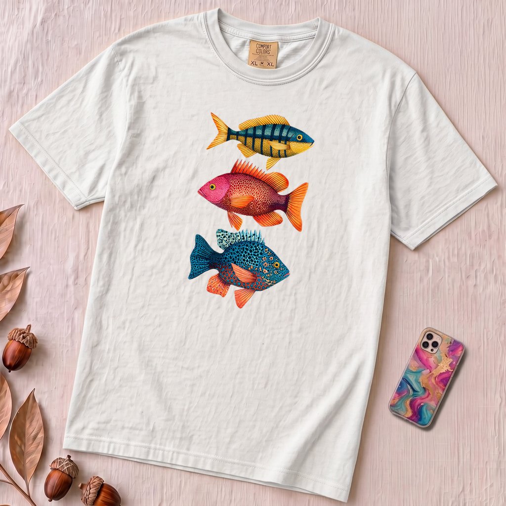 Colorful Tropical Fish Graphic T-Shirt for Ocean Lovers - White unfolded t-shirt mockup