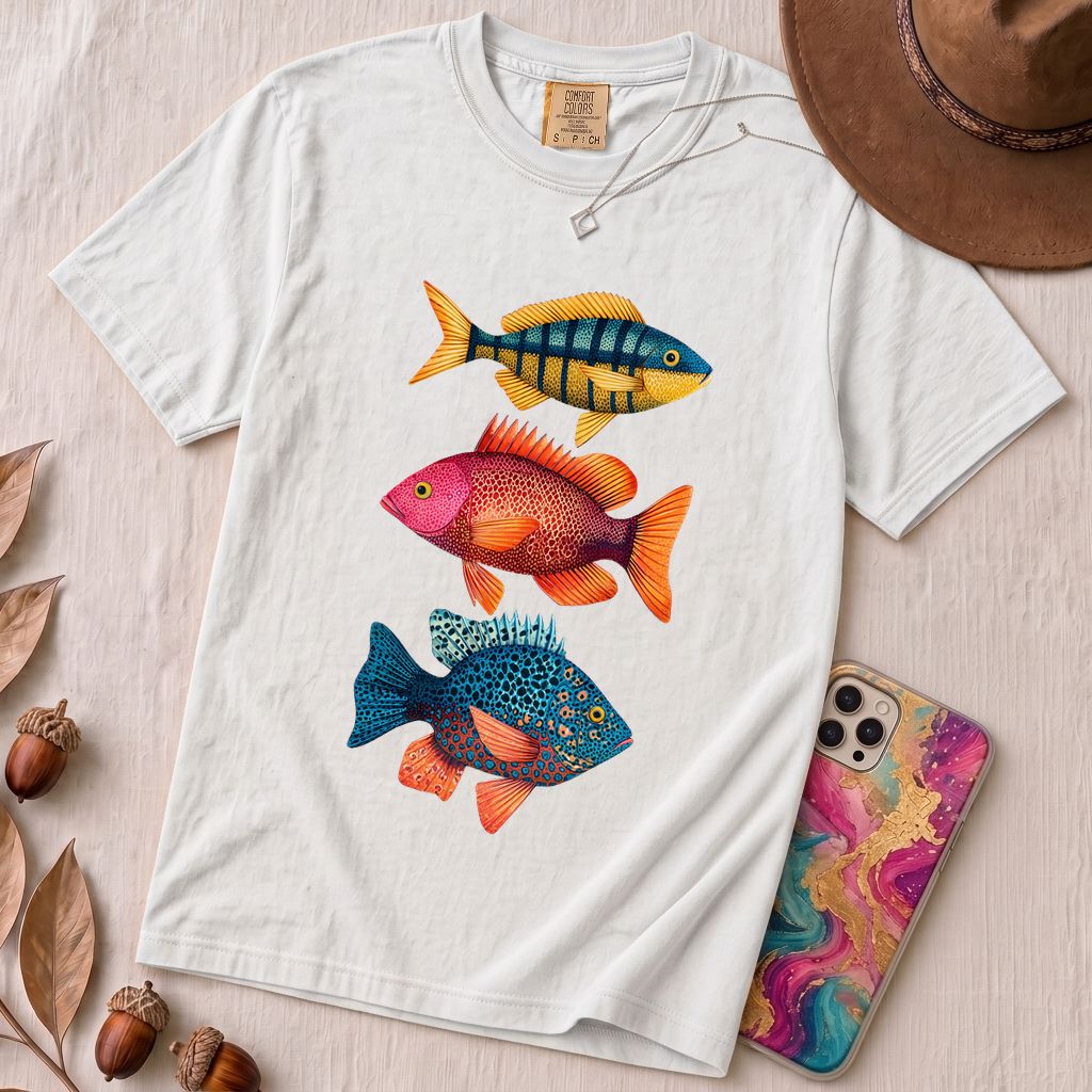 Colorful Tropical Fish Graphic T-Shirt for Ocean Lovers - White unfolded t-shirt mockup