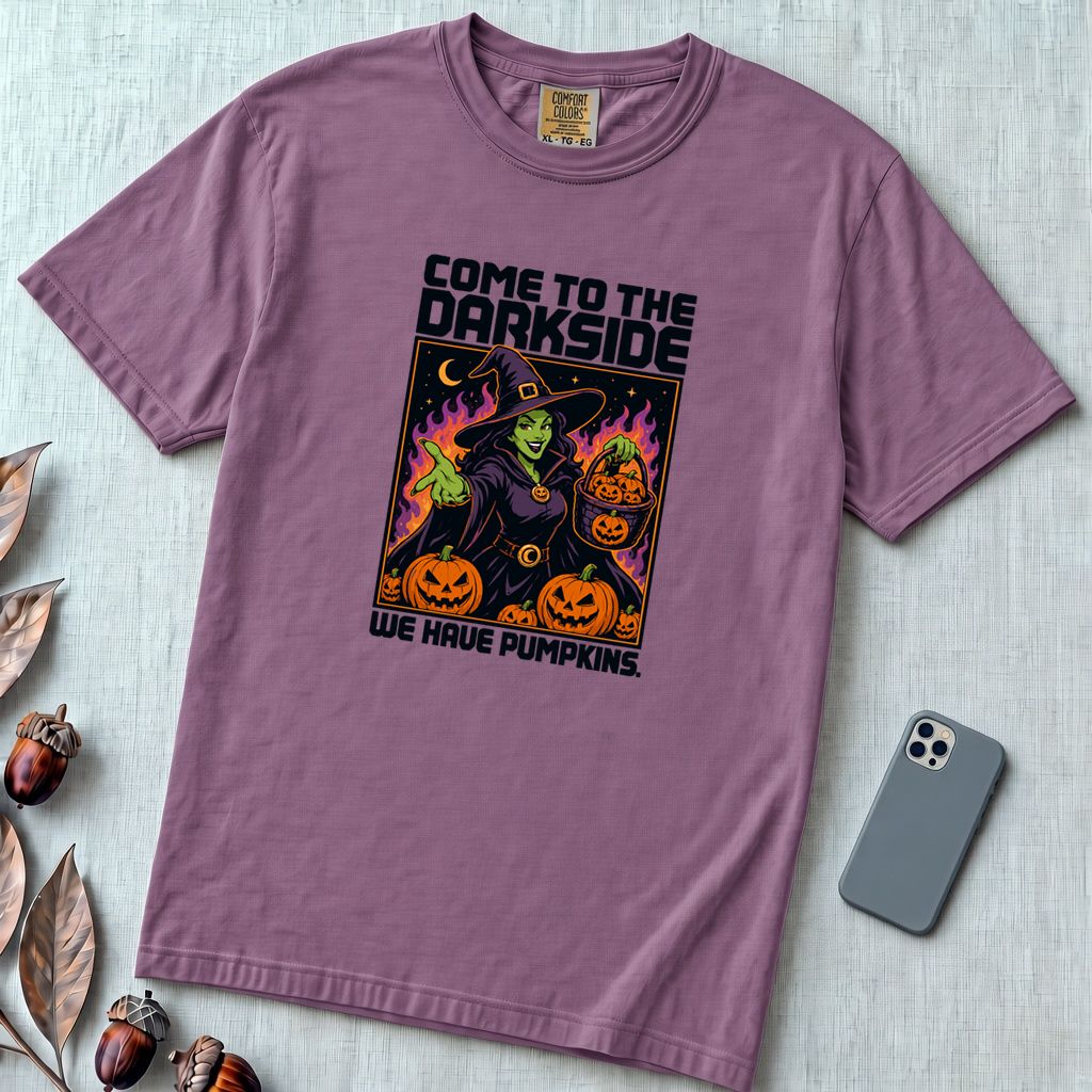 Come to the Dark Side, We Have Pumpkins T-Shirt, Halloween Witch Tee - Berry unfolded t-shirt mockup