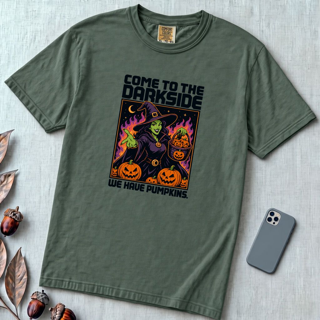 Come to the Dark Side, We Have Pumpkins T-Shirt, Halloween Witch Tee - Blue Spruce unfolded t-shirt mockup
