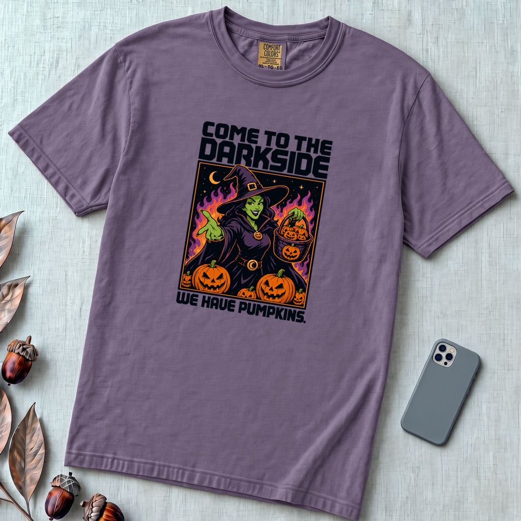 Come to the Dark Side, We Have Pumpkins T-Shirt, Halloween Witch Tee - Grape unfolded t-shirt mockup
