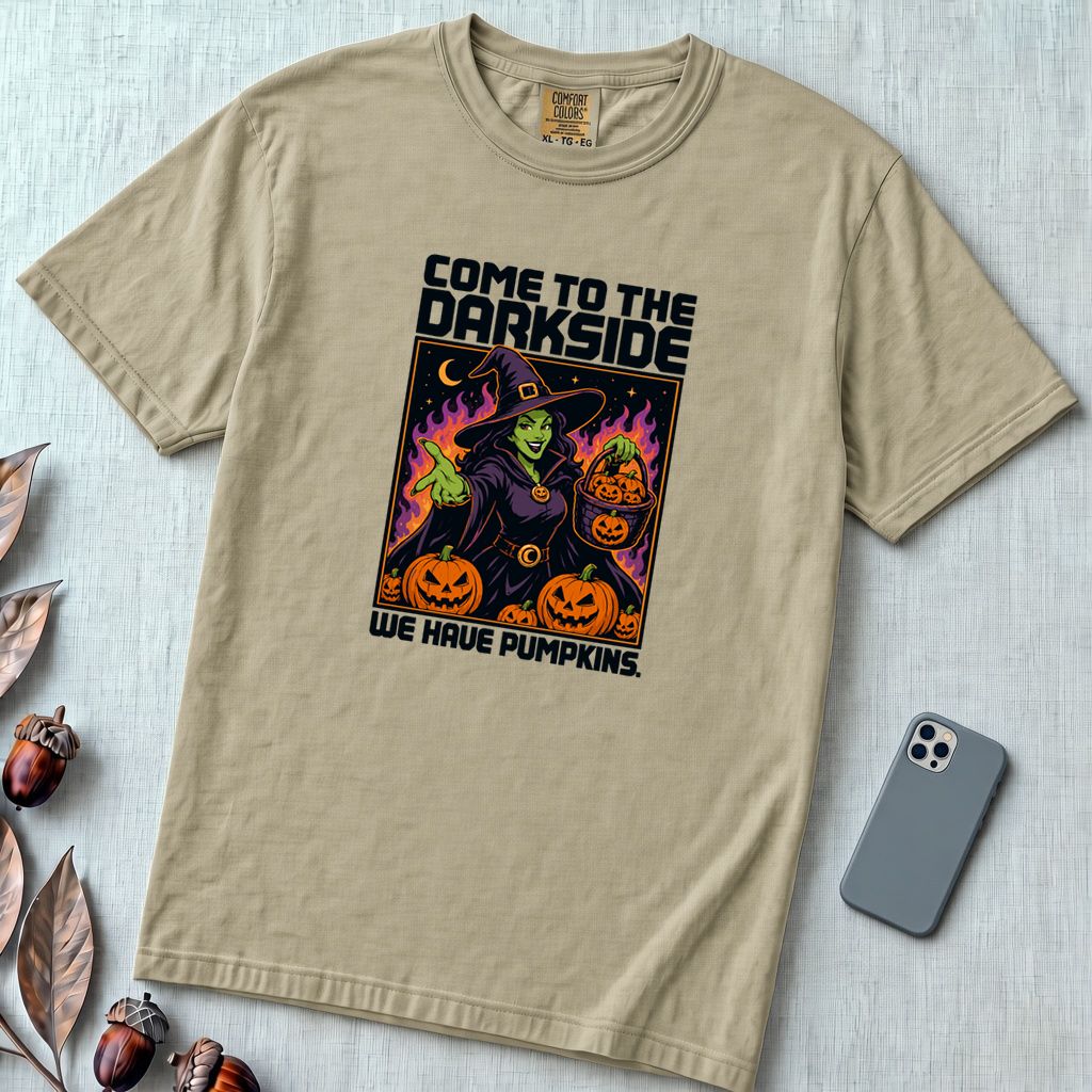Come to the Dark Side, We Have Pumpkins T-Shirt, Halloween Witch Tee - Khaki unfolded t-shirt mockup
