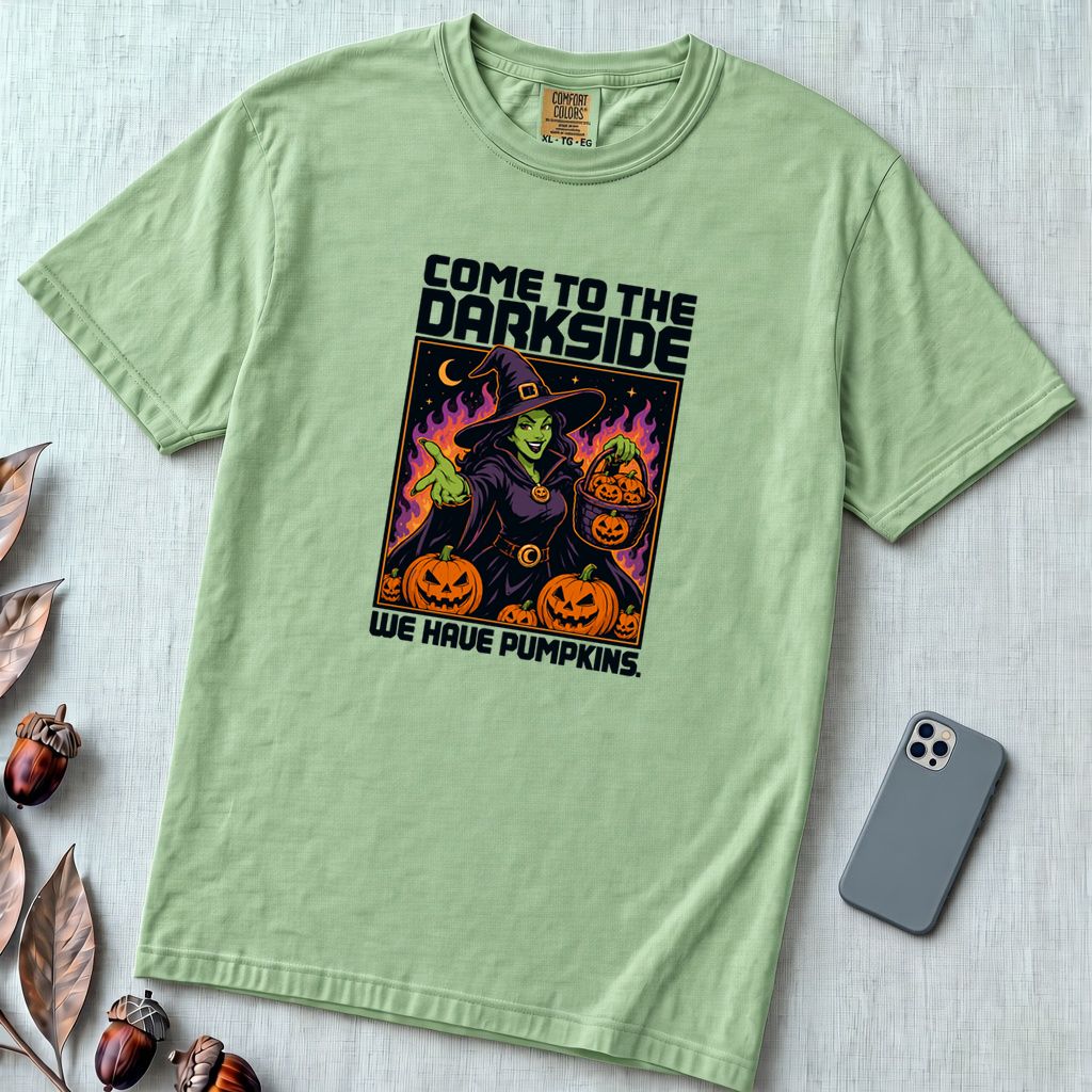 Come to the Dark Side, We Have Pumpkins T-Shirt, Halloween Witch Tee - Light Green unfolded t-shirt mockup