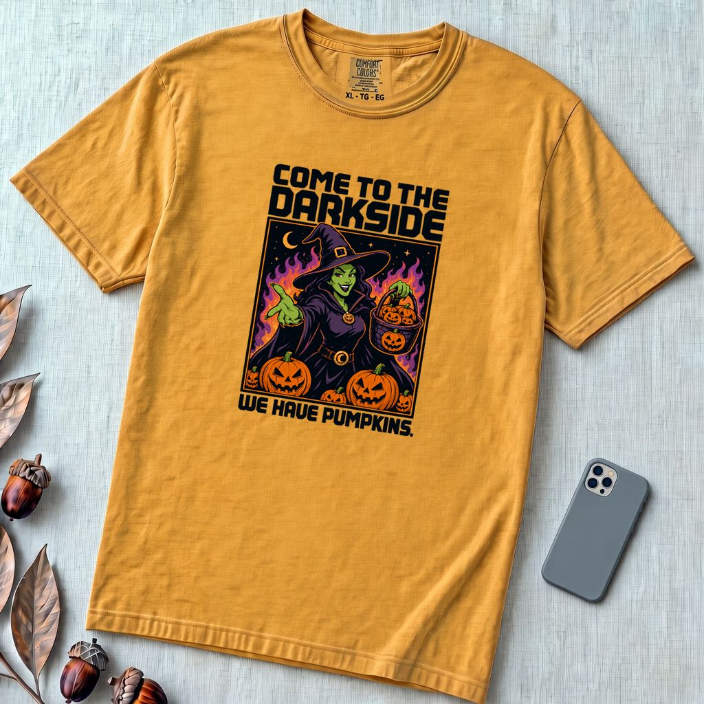 Come to the Dark Side, We Have Pumpkins T-Shirt, Halloween Witch Tee - Mustard unfolded t-shirt mockup