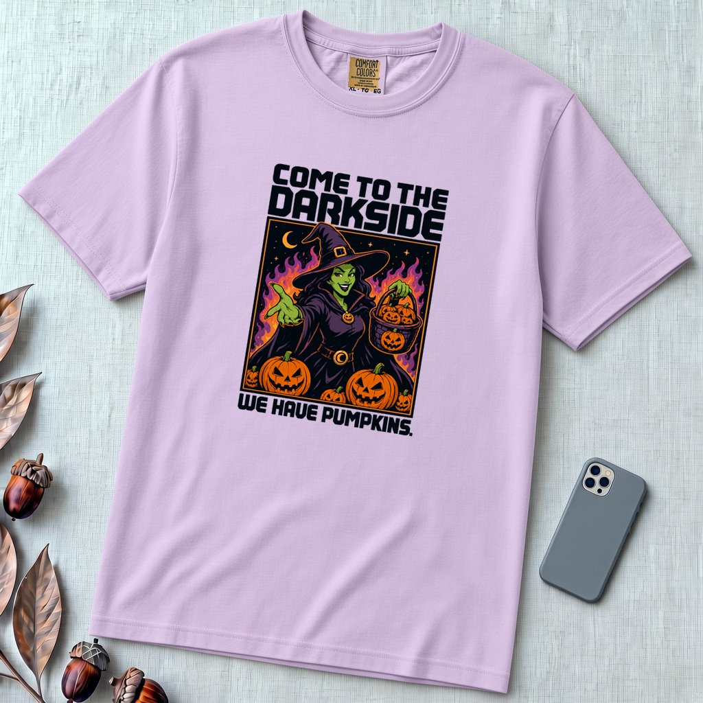 Come to the Dark Side, We Have Pumpkins T-Shirt, Halloween Witch Tee - Orchid unfolded t-shirt mockup