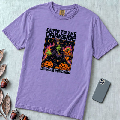 Come to the Dark Side, We Have Pumpkins T-Shirt, Halloween Witch Tee - Violet unfolded t-shirt mockup