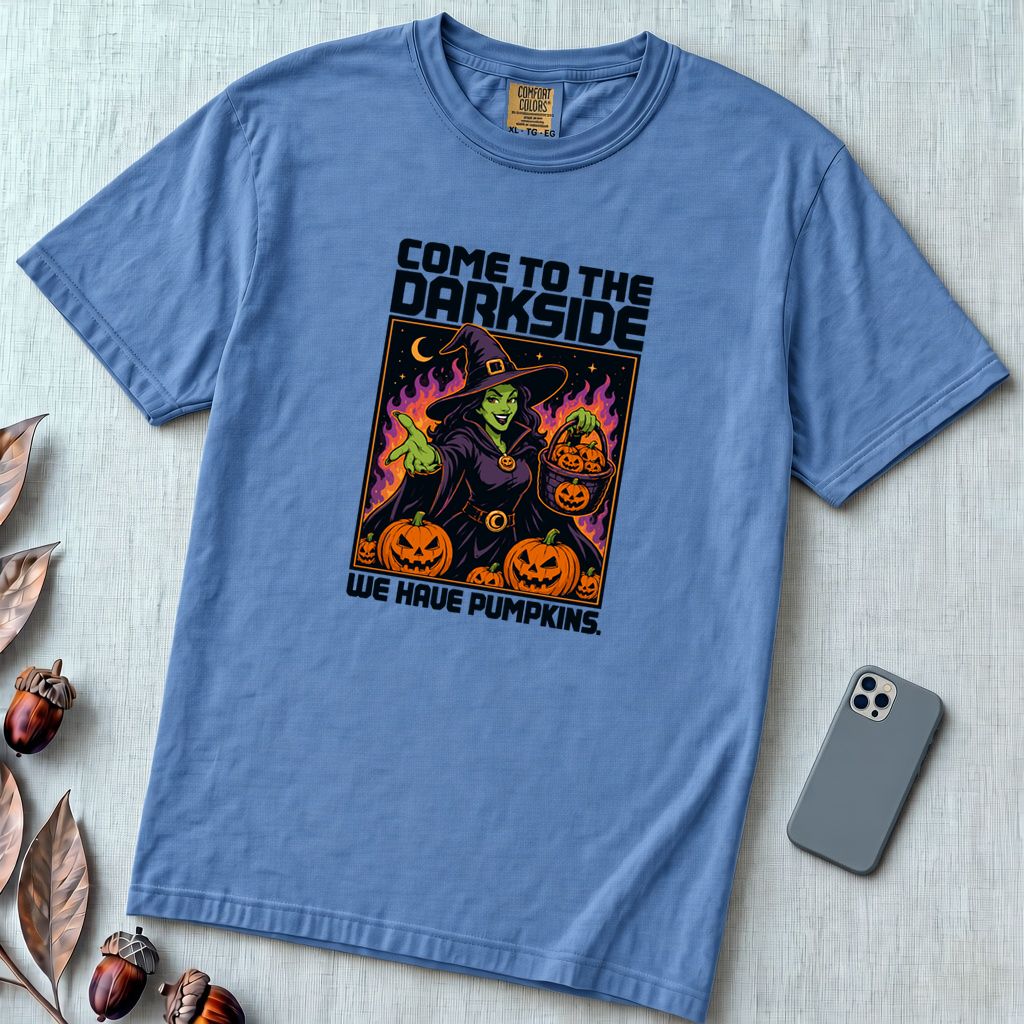 Come to the Dark Side, We Have Pumpkins T-Shirt, Halloween Witch Tee - Washed Denim unfolded t-shirt mockup