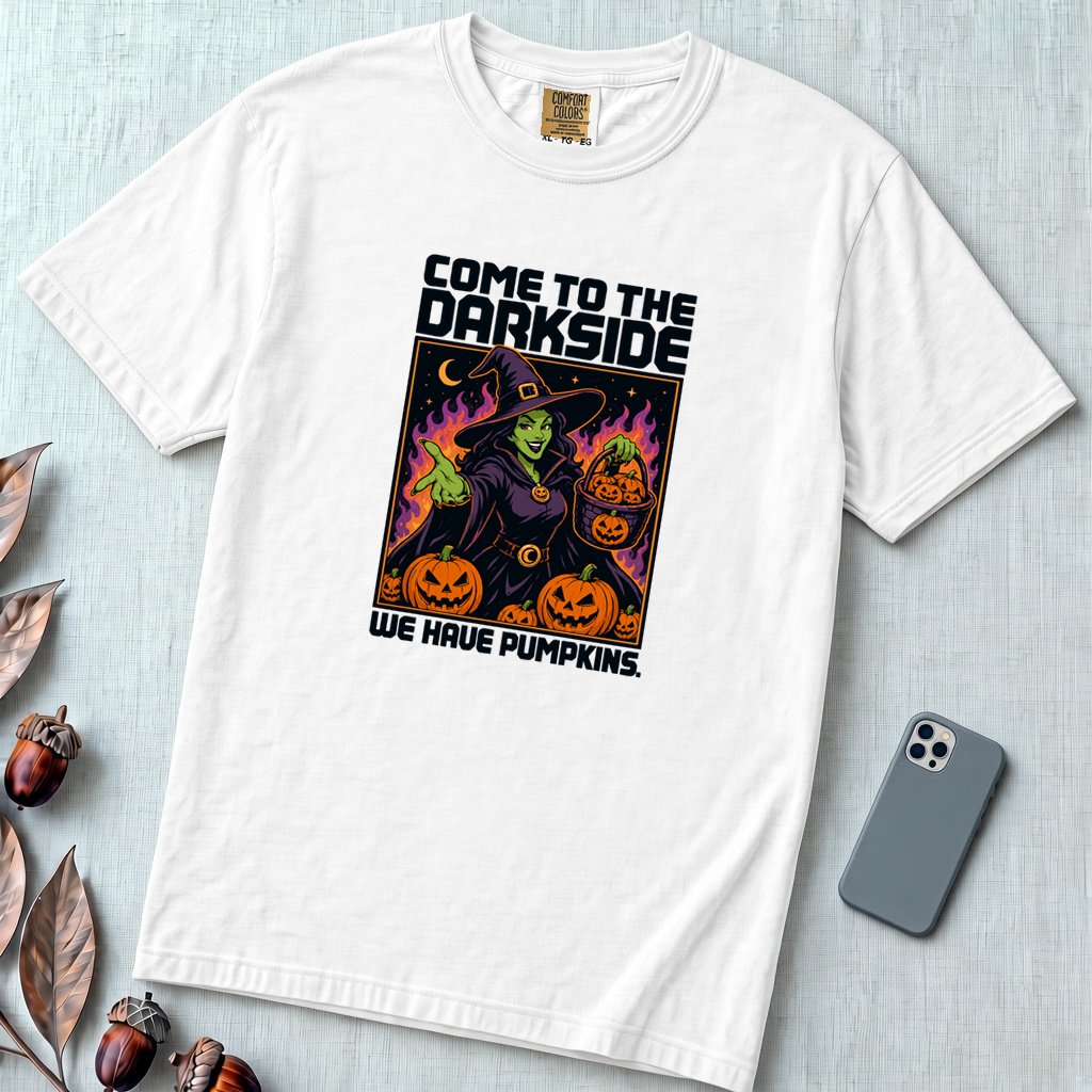 Come to the Dark Side, We Have Pumpkins T-Shirt, Halloween Witch Tee - White unfolded t-shirt mockup