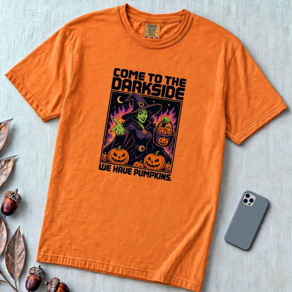 Come to the Dark Side, We Have Pumpkins T-Shirt, Halloween Witch Tee - Yam unfolded t-shirt mockup
