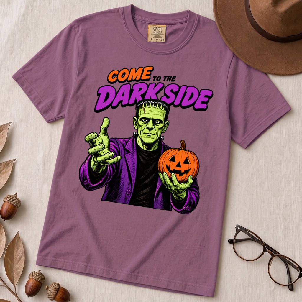 Come to the Darkside Frankenstein Monster T-Shirt, Halloween tee - Berry unfolded t-shirt mockup