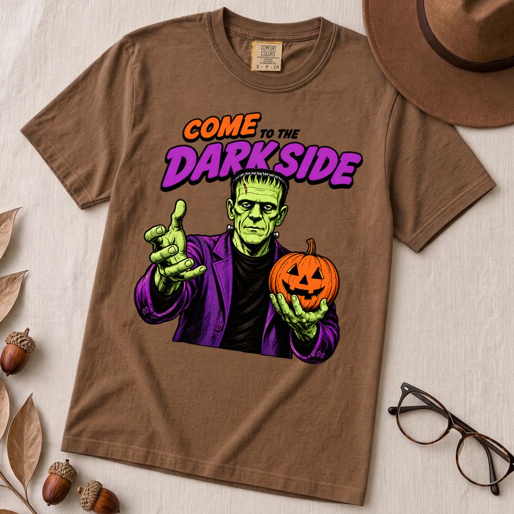 Come to the Darkside Frankenstein Monster T-Shirt, Halloween tee - Espresso unfolded t-shirt mockup