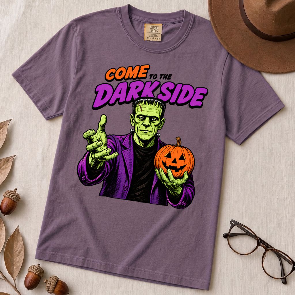 Come to the Darkside Frankenstein Monster T-Shirt, Halloween tee - Grape unfolded t-shirt mockup