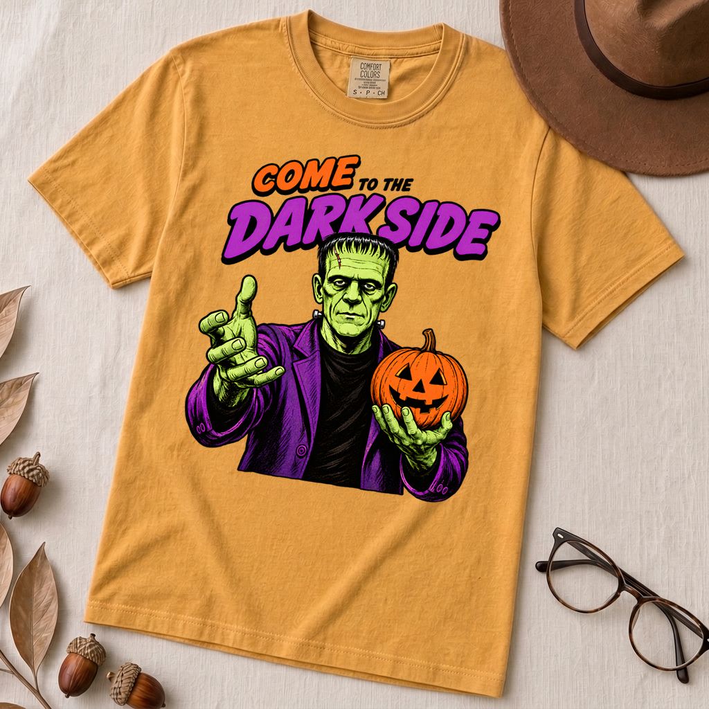 Come to the Darkside Frankenstein Monster T-Shirt, Halloween tee - Mustard unfolded t-shirt mockup