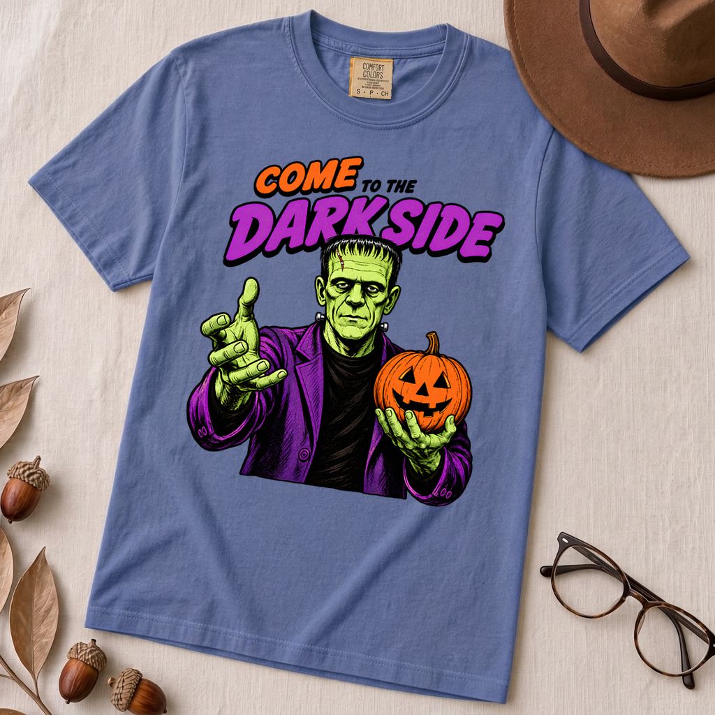 Come to the Darkside Frankenstein Monster T-Shirt, Halloween tee - Mystic Blue unfolded t-shirt mockup
