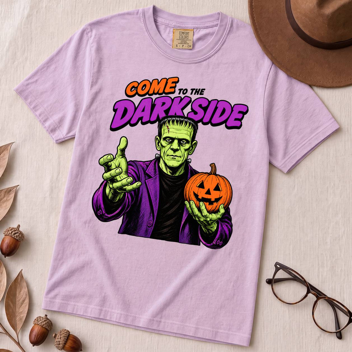Come to the Darkside Frankenstein Monster T-Shirt, Halloween tee - Orchid unfolded t-shirt mockup